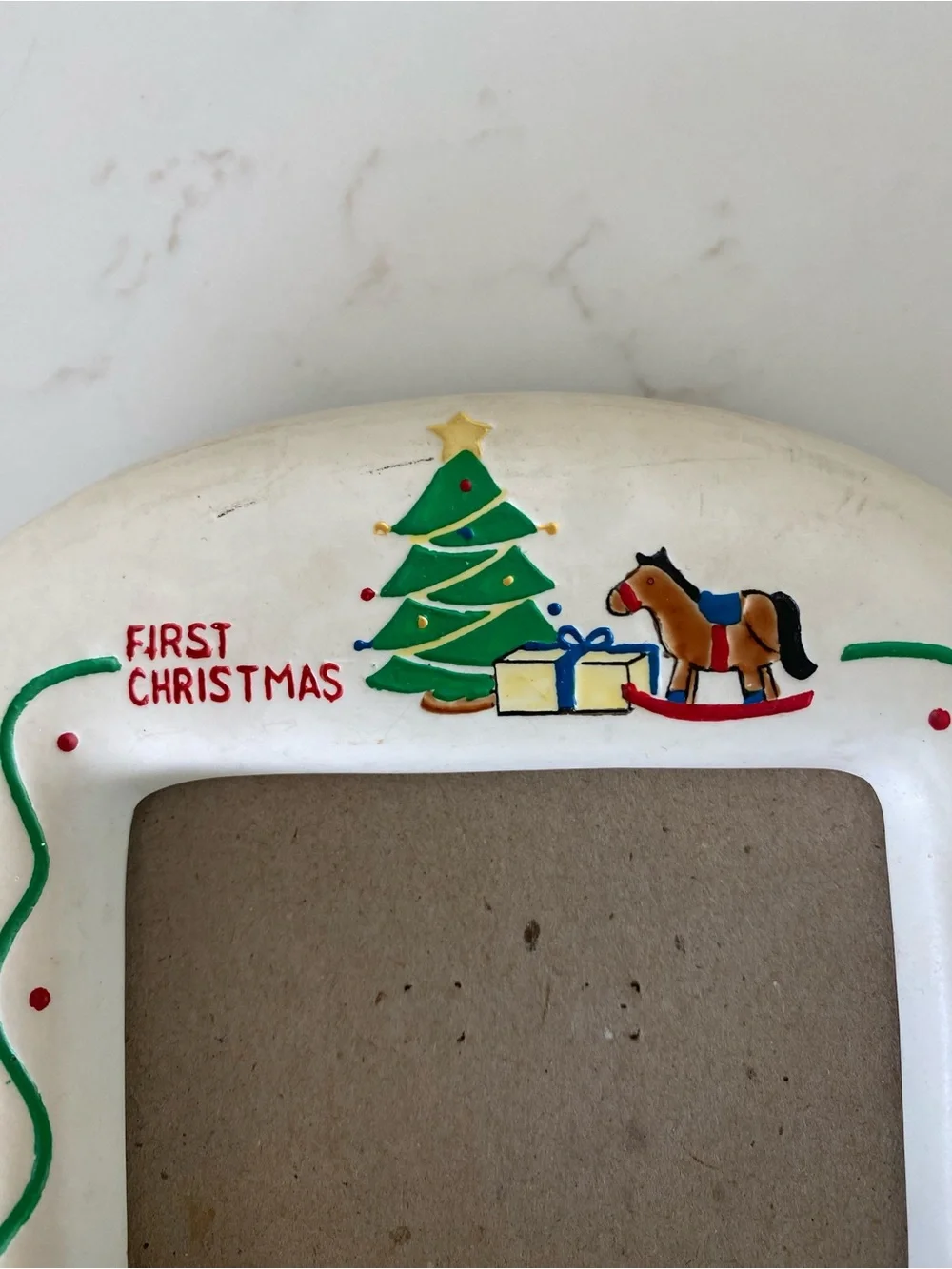 Vintage 80s 90s Bright Touches Baby First Christmas Ceramic Holiday Photo Frame